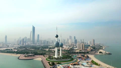 Wide angle drone shot Kuwait Towers and City. Landmark in Middle East Stock Footage 234184764