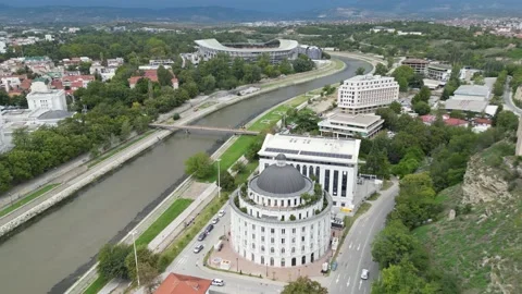 Wide Angle Drone Shot of the River and Cityscape in Skopje Stock Footage 214313369