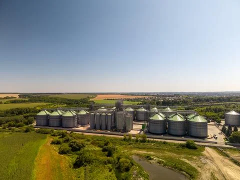 Wide Angle Drone View of Extensive Agroindustrial Grain Silo Plant Fotos Stock