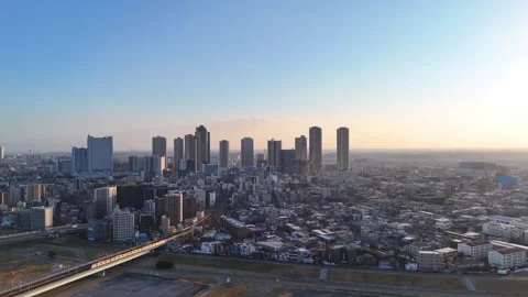 Wide Angle Drone View of Musashi Kosugi Sunset - 4K Aerial Video Vídeo Stock 329429535