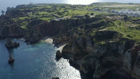 Wide Angle Drone View Of Rocky Cliffs In Algarve Stock Footage 128841480