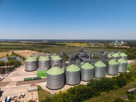 Wide angle elevated perspective of comprehensive agroindustrial storage facil Stock Photos