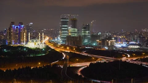 Wide Angle evening panorama time lapse, Atasehir, Istanbul with Zoom In Stock Footage 141527524