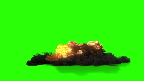 Wide Angle Explosion FireBall and Puffy Black Smoke on Green Screen Background Stock Footage 144612480