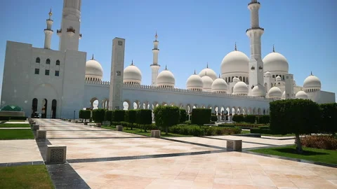 Wide Angle Exterior of Sheikh Zayed Grand Mosque, Abu Dhabi on Sunny Day Stock Footage 335353343
