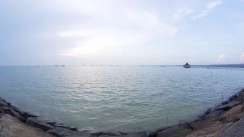 Wide angle fish eye lens view of a beach with rocks Stock Footage 337953103
