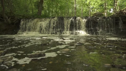 Wide angle of a forest waterfall scene in sunny summer morning Stock Footage 159981282