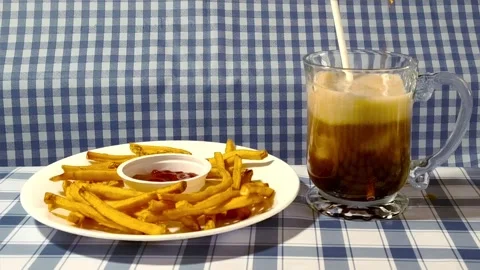 Wide angle front view of crispy golden French fries with ketchup on a plate.. Video stock 318127237