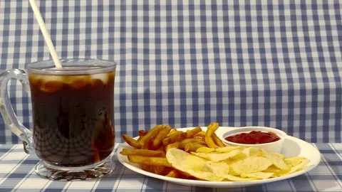Wide angle front view of crispy fried french fries, chips, and ketchup on a.. 動画素材 318127741