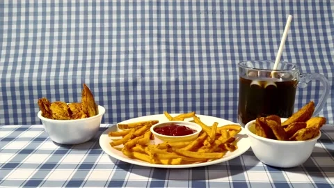 Wide angle front view of crispy fried french fries on a plate dish with ket.. Stockbeeldmateriaal 318127870