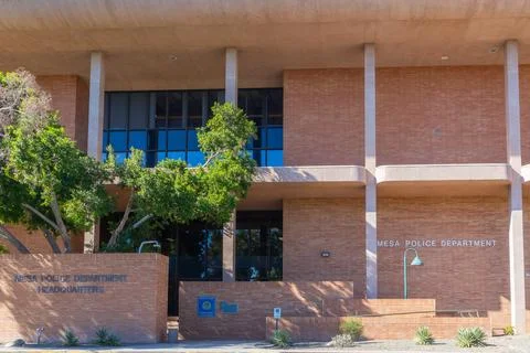 Wide angle front view of Mesa Police department building exterior Stock Photos