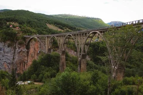 A wide-angle, iconic view of the Tara Bridge, a massive concrete ar Stock Photos