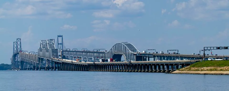 A  wide angle image showing the rush hour traffic on Chesapeake Bay Bridge Stock Photos
