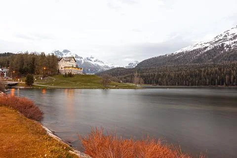 Wide angle image of the ski resort town of St. Moritz Switzerland, across lake Stock Photos