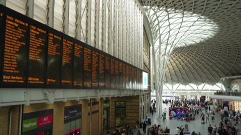 Wide Angle of Kings Cross Train Station Showing Multiple Departure Boards Stock Footage 281551942
