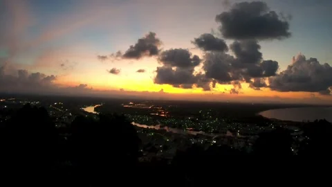 Wide angle landscape view of river town city with night lights. Video stock 328818619