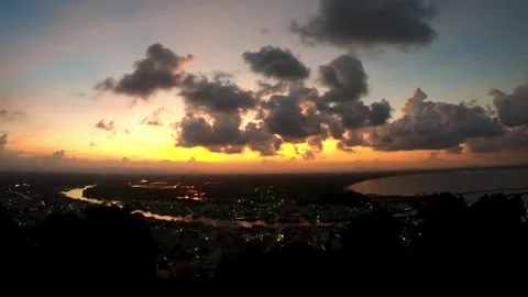 Wide angle landscape view of river town city with night lights. Stock Footage 328818732