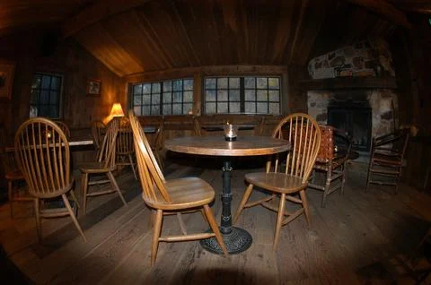 Wide angle lens shot of the interior of the Owl Bar, Sundance Resort, Utah Stock Photos
