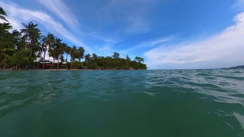 Wide Angle Looking around while in sea, ocean with blue sky and water with .. Stock Footage 269388042