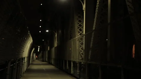 Wide Angle Manhattan Bridge Pathway Perspective Fencing Night Industrial Stock Footage 329170745