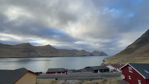 Wide Angle Mountain and Ocean View from Village Stock-Footage 234343942