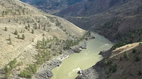 Wide Angle Mountain River Drone Shot Stock Footage 146553725