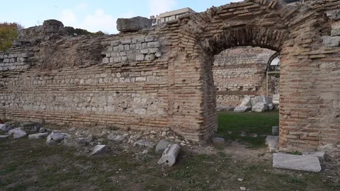 Wide angle of a old roman bath ruin in bulgaria by the black sea eastern euro Stock Footage 123642999