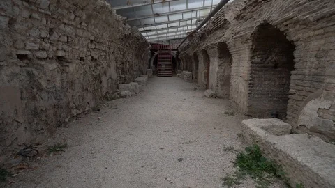 Wide angle of a old roman bath ruin in bulgaria by the black sea in varna Stock Footage 123643008