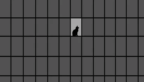 Wide-angle old school-type shot of a cat's silhouette sitting on a window. Stock Illustration