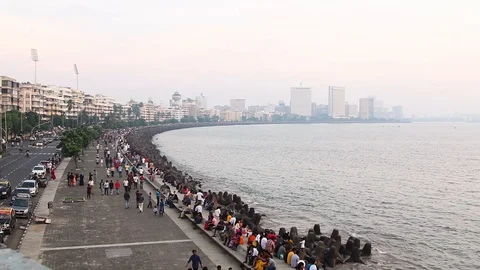 Wide Angle Overview shot of Mumbai's famous tourist location Marine Drive Stock Footage 117576102