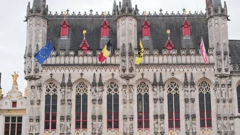Wide angle pan of Bruges City Hall or Stadhuis Brugge, Bruges, Belgium Video stock 290217005