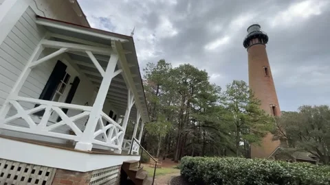 Wide-Angle Pan of Currituck Beach Lighthouse, Corolla, NC Stock Footage 221535778