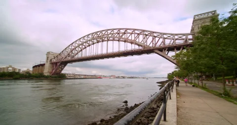 Wide angle pan from Hell Gate Bridge to RFK Bridge. Video stock 137405592