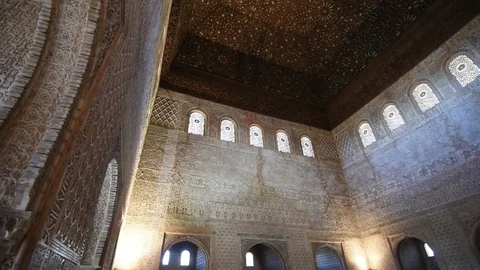 Wide angle pan shot of the interior Andualcia Alhambra interior ceiling Stock Footage 74480875