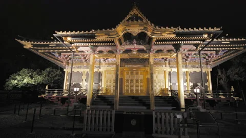 Wide angle pan video at night of the gorgeous golden Ueno Tosho-gu shrine. Vídeo Stock 152796990
