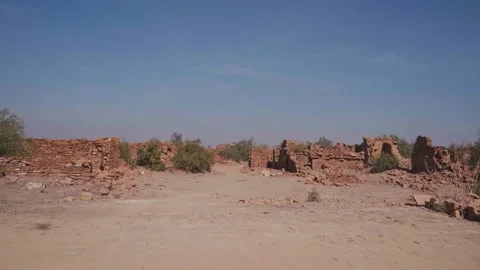 Wide angle panning shot  field of haunted kuldhara jaisalmer india. Video stock 282791515