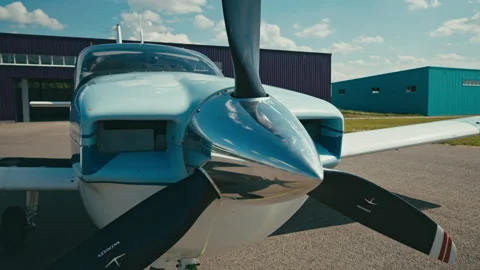 Wide angle panorama of the engine propeller of a single-engine private aircraft. Stock Footage 203826043