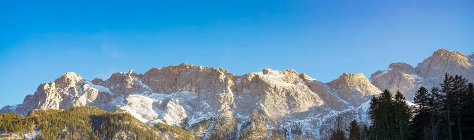 Wide-angle panoramic image of the Alpine mountains with a resolution of 32 to Stock Photos