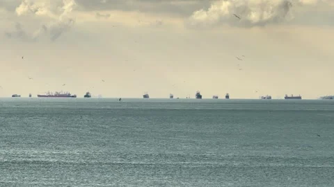 Wide angle panoramic shot capturing a fleet of cargo ships anchored Stock Footage 340155045