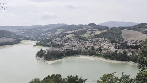 Wide-angle panoramic shot of Lake Mercatale Stock Footage 343760829