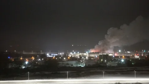 Wide Angle Panoramic Shot Of Smoke From Burning Building 4K Stock Footage 88950947