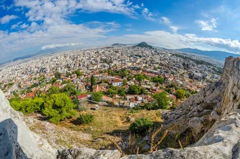 Wide angle, panoramic view of Athens and Mount Lycabettus Stock Photos
