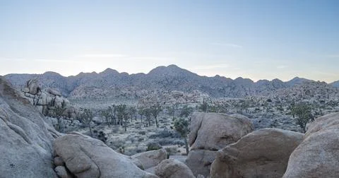 Wide angle panoramic view of the landscape at Joshua Tree National Park Stock Photos