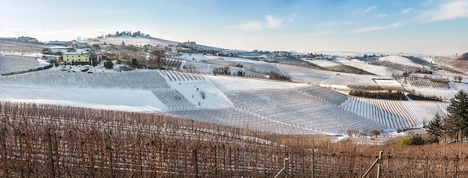 Wide angle panoramic view of Langhe Region in winter, italy Stock Photos
