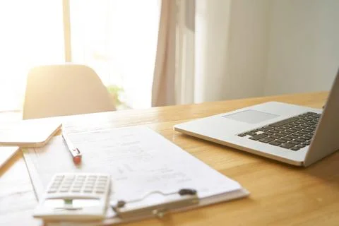 Wide angle perspective view of office workplace with laptop and smart phon... Stock Photos