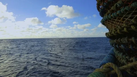 Wide angle pov of flock of seagulls flying next to fishing boat on sunny day Stock Footage 138889554