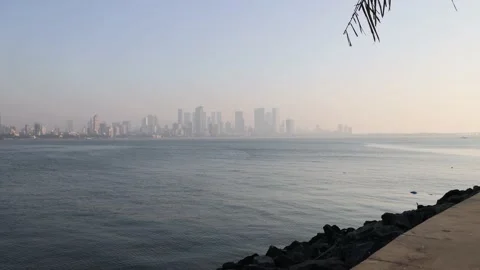 Wide angle real time video of beautiful city skyline of Mumbai during sunset Stock Footage 170866233