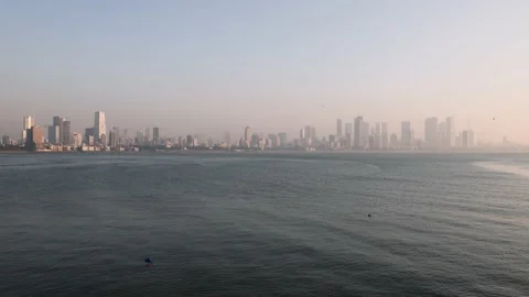 Wide angle real time video of beautiful city skyline of Mumbai during sunset Stock Footage 170866351