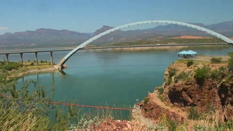 Wide Angle of the Roosevelt Lake Bridge Stock Footage 250218698