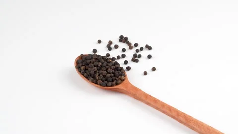 Wide Angle Rotating Black Peppercorns On Spoon White Background Видео 331912627